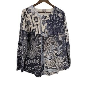 Chicos 2 Patchwork Paisley Jana Scoop Sweater Blue Sparkle Holiday Party